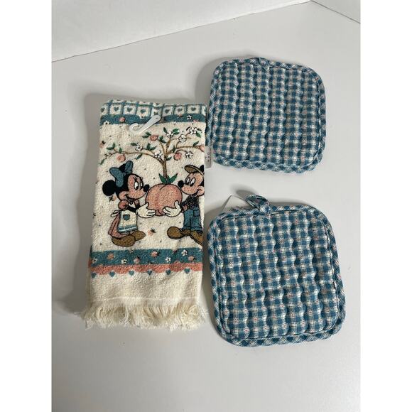 NEW Vintage Disney Mickey Minnie Peach Tree Cannon Dish Towel 2 Pot Holders - Picture 4 of 7